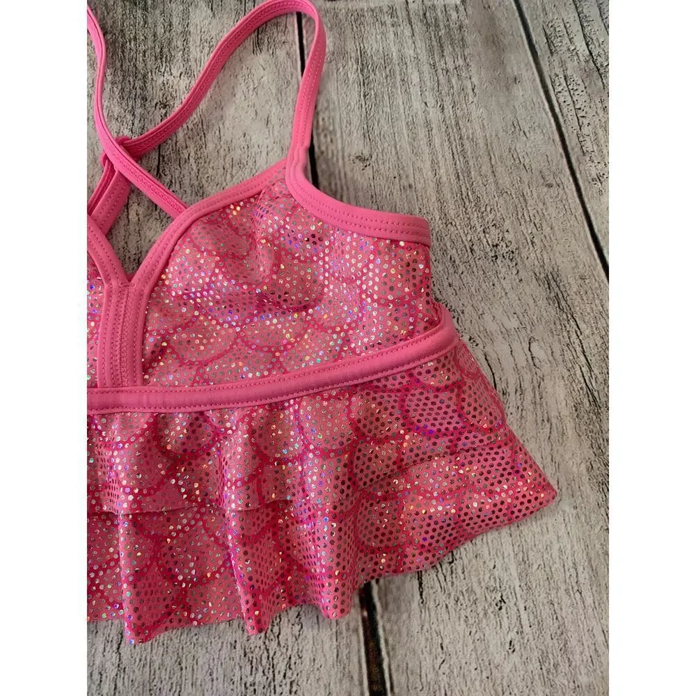 JUSTICE Girl’s Pink Silver Ruffled Tankini Top / Size: 8